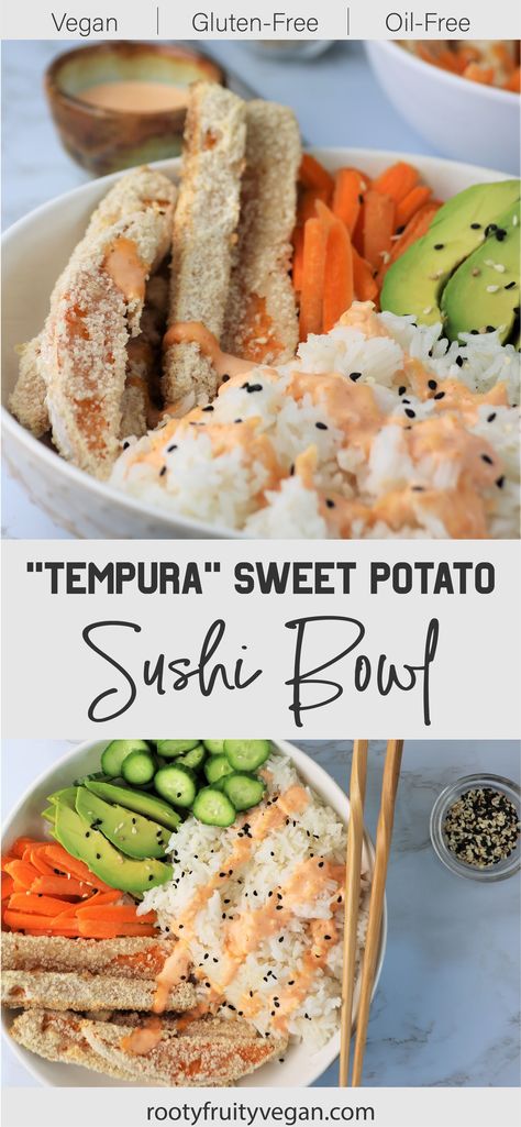 Vegetarian Sushi Bowl Recipe, Sweet Potato Sushi Bowl, Vegan Dinner For Non Vegans, Gluten Free Sushi Recipes, Oil Free Potato Recipes, Plant Based Gluten Free Recipes, Plant Based Asian Recipes, Vegan Sushi Bake, Gluten Free Vegan Meals