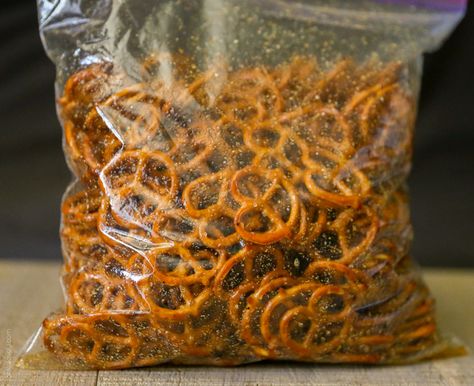 Spicy Seasoned Pretzels - ** Add one packet dry ranch seasoning **.  I am beyond addicted to these things right now! Tajin Pretzel Recipe, Tajin Pretzels, Spicy Pretzels, Seasoned Pretzels, Dry Ranch Seasoning, Snack Mixes, Pretzels Recipe, Snack Dip, Snack Treat