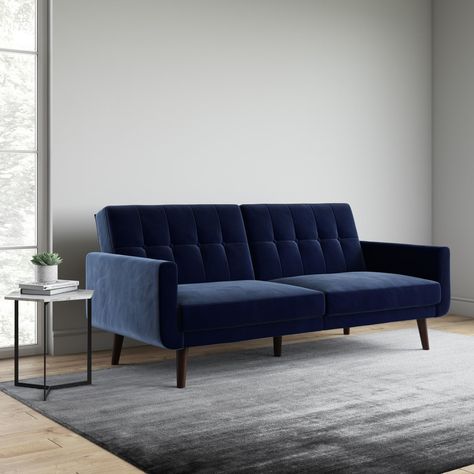 A blue velvet futon so glam, you might be tempted to stare at it all day long instead of actually sitting on it. Blue Velvet Couch, Comfortable Futon, Modern Futon, Modern Sofa Bed, Faux Leather Sofa, Futon Sofa, Homes And Gardens, Living Room Furniture Sofas, Small Space Living