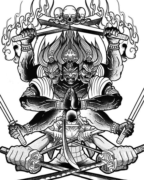 Ashura Back Tattoo, Ashura Tattoo Japan, Zoro Ashura Tattoo, Ashura Tattoo Design, Asura Demon Tattoo, Susanoo Tattoo Japanese Mythology, Japanese God Tattoo, Martial Art Tattoo, Ashura Tattoo