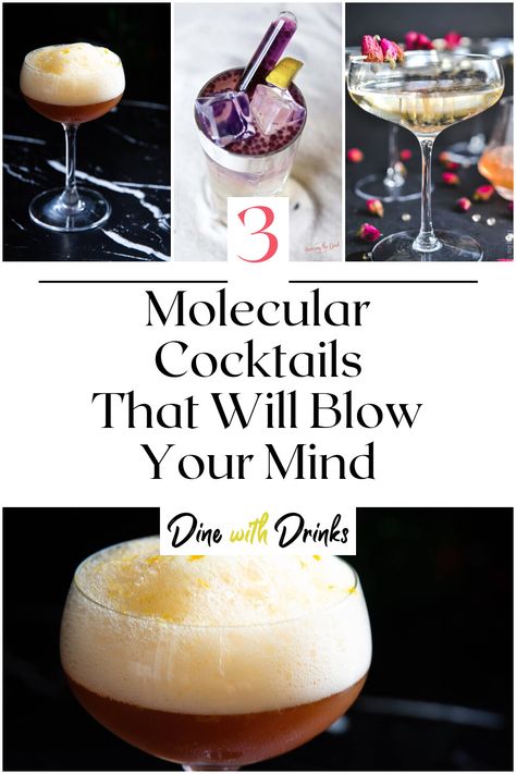 Collage of 4 molecular cocktails. Molecular Mixology Cocktails, Science Cocktail Recipes, Career Themed Cocktails, Molecular Gastronomy Cocktails, Biology Cocktails, Science Themed Cocktails, Chemistry Cocktails, Interactive Cocktails, Molecular Mixology Recipes