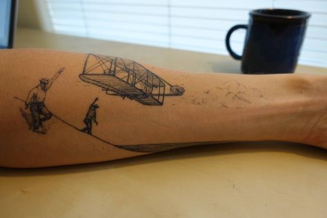 First Tattoo - Wright Bros Glider by Brücius at Black + Blue in San Francisco Engineering Tattoo, Nc Tattoo, Chucky Tattoo, Tattoo Pierna, Hip Tattoo Designs, Ambigram Tattoo, Gemini Tattoo Designs, Om Tattoo Design, Latest Tattoo Design