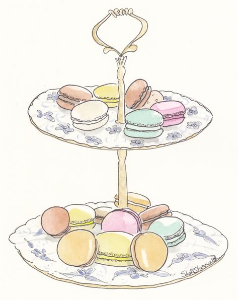 Pastel Macarons, Sweet Art, French Macarons, Pen And Watercolor, Kitchen Prints, Food Illustrations, Macaroons, Watercolor Illustration, Food Art