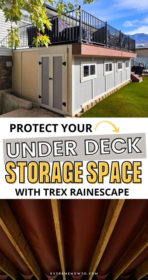 With an elevated, second-story deck, you can instantly create a dry, usable space for under deck storage by installing Trex® RainEscape®. This advanced under-deck drainage system works by funneling precipitation away from the deck through a system of integrated troughs and downspouts. Whether you're looking for under deck ideas or want to create a deck with a patio underneath, this system helps protect your substructure and keeps the patio under deck dry and functional. Under Porch Storage Ideas, Shed Under Deck Ideas, Under Deck Ideas, Under Deck Drainage System, Under Deck Drainage, Under Deck Storage, Patio Under Decks, Backyard Deck Ideas, Renovation Exterior