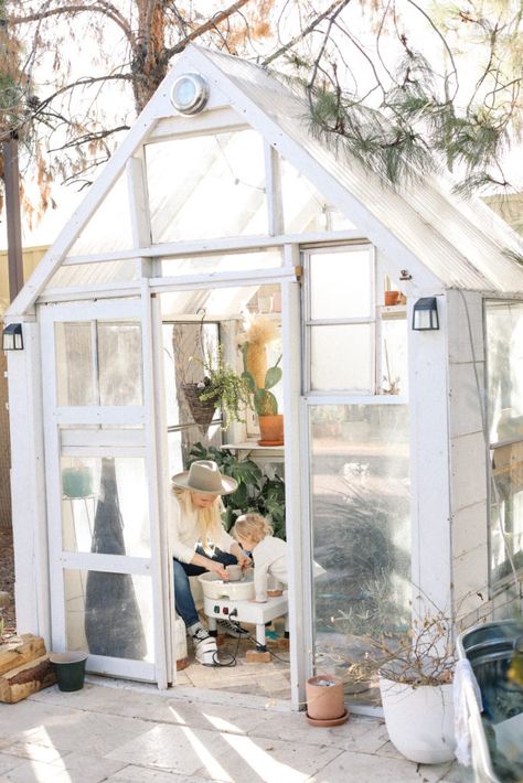 How We Created An At-Home Pottery Studio In Our Greenhouse Outdoor Ceramic Studio, Diy Pottery Studio Shed, Garden Pottery Studio, Art Studio Greenhouse, Backyard Pottery Studio, Outdoor Pottery Studio, Pottery Studio Shed, Pottery Shed Ceramic Studio, Tiny Pottery Studio