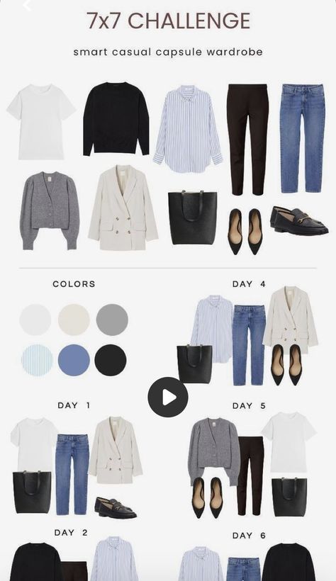 Minimalist Capsule Wardrobe Year Round, Wfh Mom Outfits, One Item Multiple Outfits, 7 X 7 Challenge Wardrobe, Spring 2024 Business Casual, April Outfits 2024, Business Casual Capsule Wardrobe 2023, Business Trip Outfits For Women, Smart Casual Capsule Wardrobe