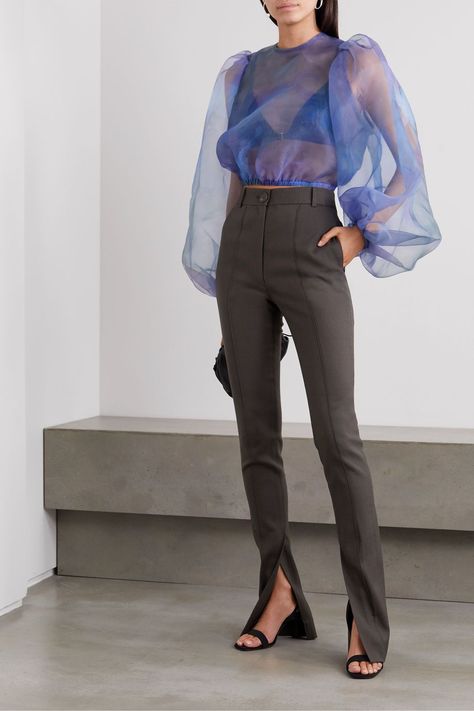 Transparent Shirt Outfit, Blouse Reference, Organza Tops, Bottega Veneta Clutch, Peter Do, Organza Blouse, Organza Top, Oversize Sleeves, Fashion Tops Blouse