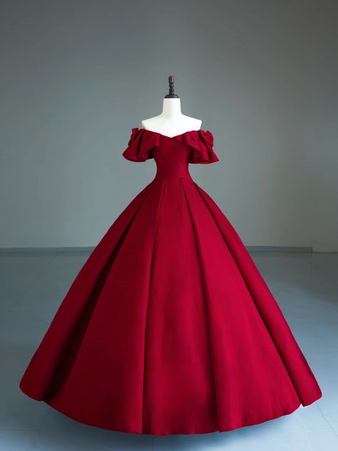 Red Silk Ball Gown, Red Prom Dress Ballgown, Ball Gown Sleeves, Red Long Gown, Red Princess Dress, Gown Sleeves, Red Ball Gowns, Princess Evening Dress, Royalty Dress