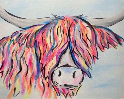 Colorful Cow Painting, Highland Cow Painting Tutorial, Fluffy Cow Painting, Highland Cow Drawing Easy, Easy Cow Painting, Highland Cow Painting Easy, Cow Painting Colorful, Cow Painting Easy, Texas Mural