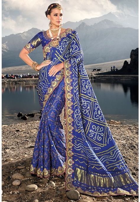 Royal Blue Heavy Bandhej Designer Saree Royal Blue Saree, Classic Saree, Mirror Work Saree, Traditional Saree, Bandhani Saree, Blue Saree, Trendy Sarees, Blouse Material, Wear Saree