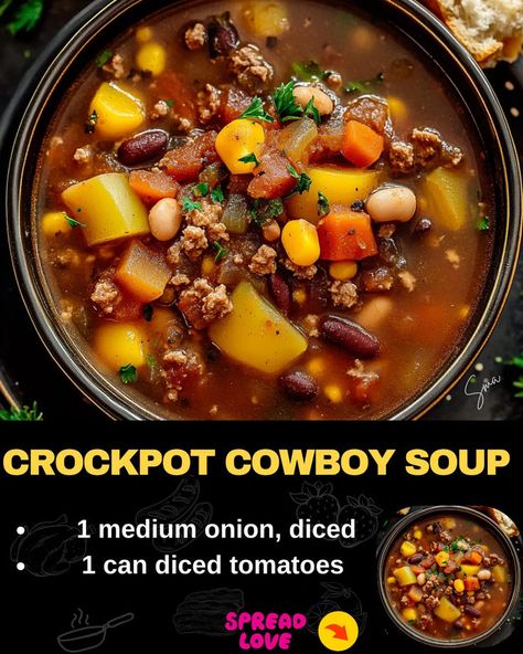 Crockpot Cowboy Soup Cowboy Soup Recipe, Crockpot Cowboy Soup, Cowboy Soup, Beans Recipe Crockpot, Bacon Cheeseburger Meatloaf, Beef Tips And Noodles, Pinto Bean Recipes, Mexican Casserole Recipe, Cowboy Beans