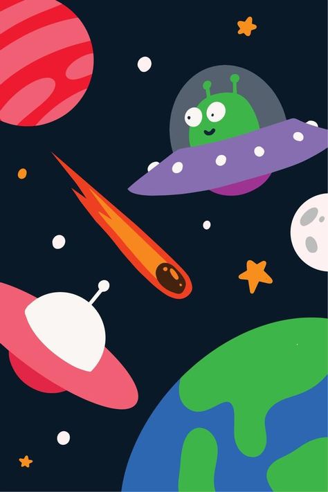 The background of cute ufo in space illustration for kids theme Space Illustration Kids, Alien Nursery, Ufo In Space, Ufo Illustration, Ufo Design, Illustration For Kids, Tuition Centre, Vector Nature, Kids Illustration