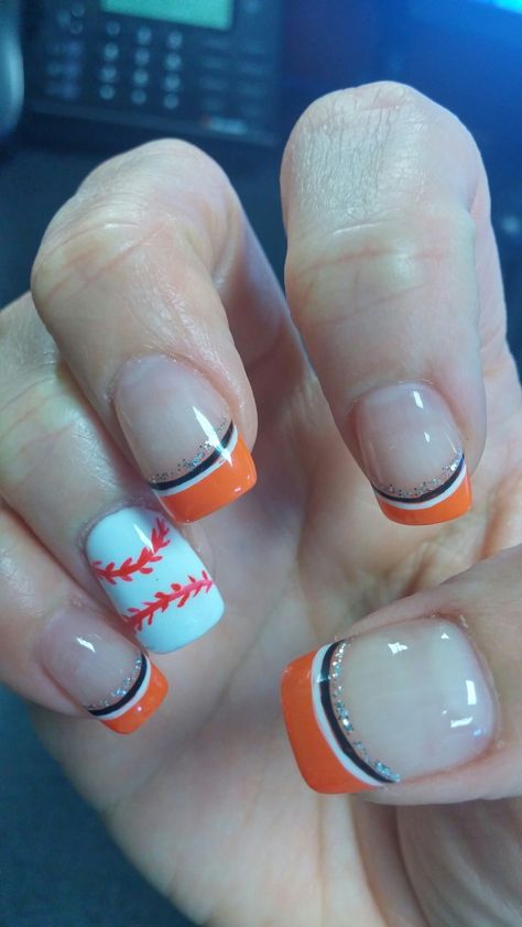 Orange And Black Baseball Nails, San Francisco Giants Nails Design, Softball Nail Ideas, Softball Nail Designs, San Francisco Giants Nails, Orioles Nails, Osu Nails, Sf Giants Nails, Bronco Nails