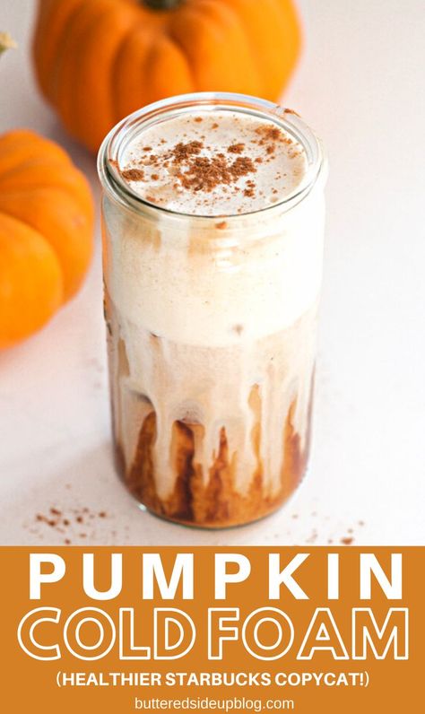 Learn how to make a delicious Pumpkin Cold Foam drink, like the Starbucks Pumpkin Cream Cold Brew, but better! In other words, this is a Starbucks copycat recipe with improvements! Starbucks Pumpkin Cream Cold Brew, Pumpkin Cold Foam, Low Calorie Pumpkin, Pumpkin Cream Cold Brew, Cream Cold Brew, Starbucks Pumpkin Spice, Healthy Starbucks, Copycat Starbucks Recipes, Cold Foam