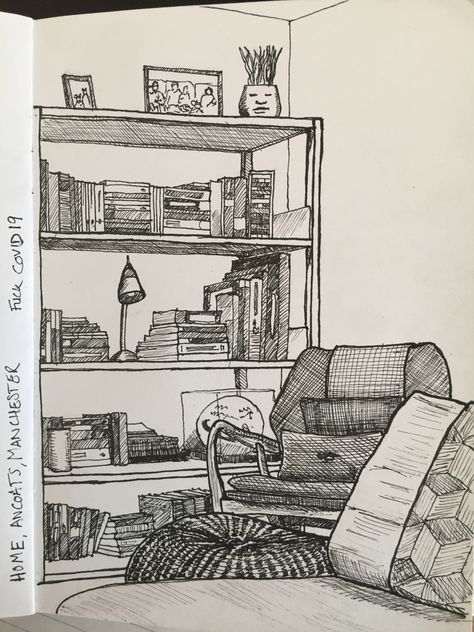 Bookcase Drawing Sketch, Book Pen Drawing, Library Room Drawing Sketch, Corner Of A Room Drawing, Bookcase Sketch, Desk Drawing Sketch, Library Drawing Sketches, Bookcase Drawing, Room Drawings Sketches