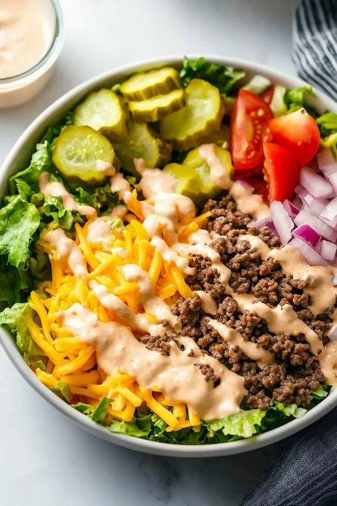 Big Mac Bowl - Insanely Good Paleo Burger, Sweet Potato Buns, Ultimate Burger, Burger Salad, Burger Meat, Burger Toppings, Special Sauce, Salad Ideas, Low Carb Gluten Free