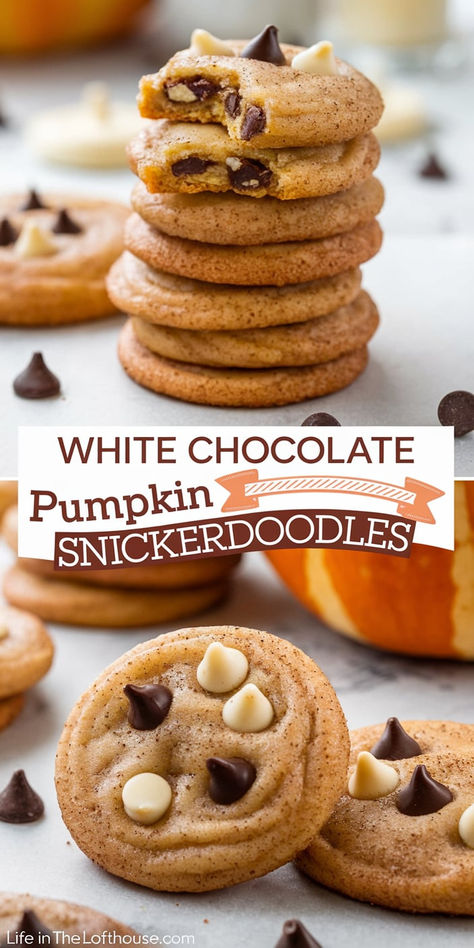 White Chocolate Pumpkin Snickerdoodles are your new favorite fall treat! They’re soft, spiced, and filled with chocolatey goodness. #cookies #falltreats Pumpkin Snack Ideas, Cookies White Chocolate Chip, Cookies White Chocolate, Pumpkin Snickerdoodle Cookies, Chocolate Snickerdoodles, Pumpkin Snack, Pumpkin Snickerdoodles, White Chocolate Chip, Chocolate Pumpkin