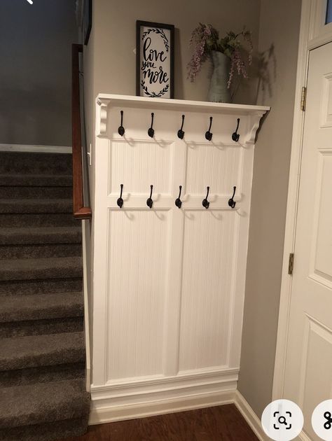 Front Entryway Hook Ideas, Jacket Hooks Entryway, Coat Hook Wall Ideas, Foyer Hooks Entrance, Mud Room Decor Entry Ways, L Shape Entryway Ideas, Small Hallway Coat Storage, Coat Entryway Ideas, Coat Hooks Entryway Small Spaces