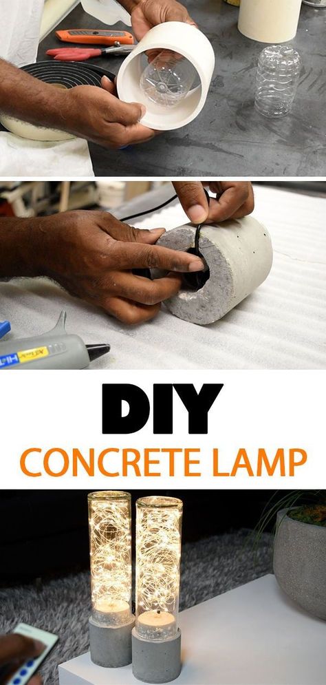 Diy Concrete Lamp, Diy String Lights, Concrete Light, Cement Diy, Concrete Diy Projects, Cement Art, Concrete Lamp, Concrete Forms, Concrete Furniture