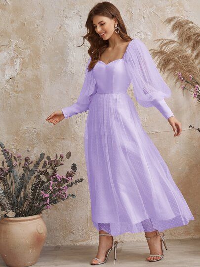 Free Returns ✓ Free Shipping On Orders $49+ ✓. Lantern Sleeve Dobby Mesh Maxi Dress- Dresses at SHEIN. Lavender Long Sleeve Dress, Light Purple Dress Long Sleeve, Lilac Long Sleeve Dress, Corian Dress, Lavender Linen Dress, Shein Dress Party, Satin Frocks For Women, Purple Dress Design, Satin Dress Design