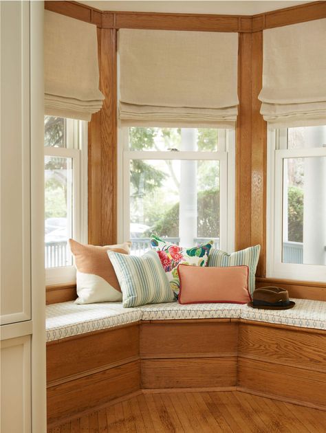 The Insider: New Furnishings and Custom Millwork Elevate Ditmas Park Edwardian for New Owners | Brownstoner Bay Window Roman Shades, Upholstered Window Seat, Banquette Cushions, Linen Roman Shades, Rebecca Atwood, Mixing Patterns, Bow Window, Window Ideas, Interior Renovation