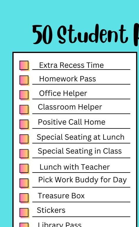 50 Student Reward Ideas Student Reward Ideas, Reward Ideas, Recess Time, Homework Pass, Positive Classroom Environment, Classroom Helpers, Student Rewards, Ideas For Teachers, Academic Achievement