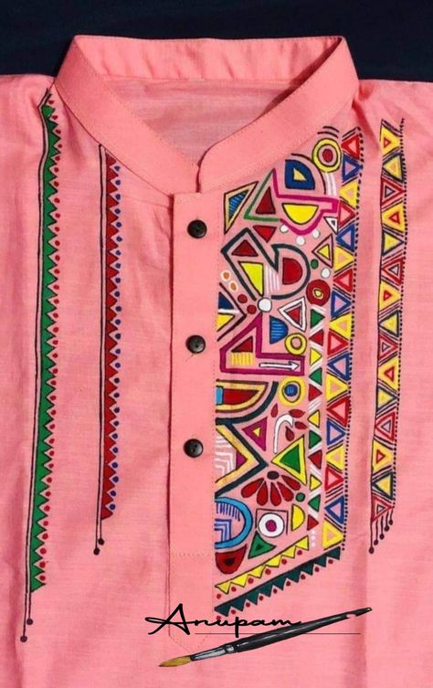 Madhubani Painting Kurta, Kurta Paint Designs Women, Hand Paint Panjabi For Men, Man Dress Design, Fabric Paint Shirt, Saree Painting Designs, Fabric Paint Diy, Kutch Work Designs, Painted Clothes Diy