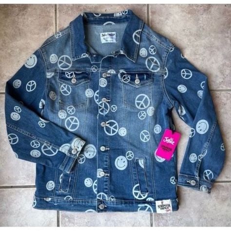 Stranger Things X Justice Girls Jean Jacket | Peace & Smiley Faces | M | 7-8 Girls Jean Jacket, Jean Jacket For Girls, Smiley Faces, Diy For Girls, Smiley Face, Kids Jacket, Jean Coat, Stranger Things, Smiley