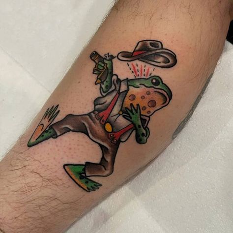 Cowboy Frog Tattoo, Super Mario Tattoo, Traditonal Tattoo, Cowboy Hat Tattoo, Mario Tattoo, Cowboy Frog, Cowboy Tattoos, Frog Tattoo, Nostalgic 90s