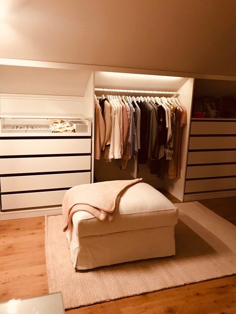 Under Eaves Storage Ikea, Walk In Closet Under Roof, Wardrobe Sloping Ceiling, Sloping Roof Wardrobe, Small Walk In Closet Ideas Slanted Roof, Walk In Wardrobe Sloped Ceiling, Small Walk In Closet Slanted Ceiling, Dressing Room In Attic, Fitted Wardrobe Sloping Ceiling