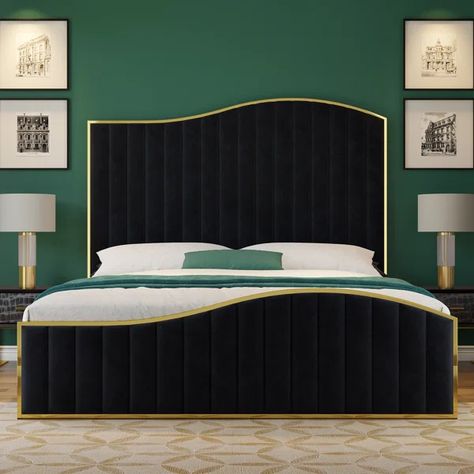 Sadeigh Upholstered Bed Frame with Harp Headboard & Footboard Velvet Upholstered Bed, Tall Headboard, King Size Bed Frame, Queen Size Bed Frames, Upholstered Bed Frame, King Headboard, Wooden Slats, Mattress Springs, Upholstered Bed