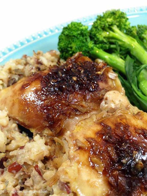 Easy Chicken Thigh & Wild Rice Bake takes 5 minutes to make & bakes unattended for several hours. The chicken & rice are moist and flavorful. Comfort food! Chicken Thigh Bake, Wild Rice Bake, Wild Rice Recipe, Rice Bake Recipes, Panini Recipes Chicken, Chicken Thighs Mushrooms, Mexican Chicken And Rice, Wild Rice Recipes, Wild Rice Casserole