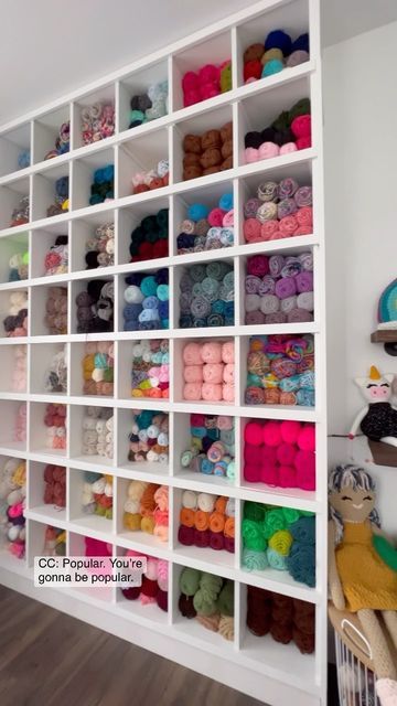 Yarn Wall Storage Ideas, Yarn Wall Storage, Yarn Storage Wall, Yarn Shelf, Yarn Storage Ideas, Cubby Wall, Different Types Of Yarn, Craftroom Ideas, Future Decor