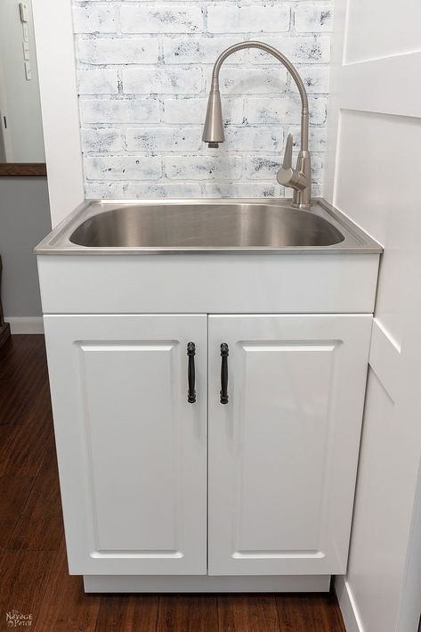 Laundry Room Makeover Reveal - The Navage Patch Laundry Room Sink Cover, Laundry Room Vanity With Sink, Laundry Room Ideas Narrow, Laundry Room Ideas With Sink, Utility Sink Makeover, Narrow Laundry Room Ideas, Scandinavian Laundry Room, Laundry Room Utility Sink, Room Renovation Ideas