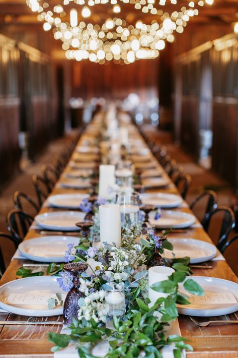 Lavender Scabiosa, Purple Veronica, Wedding Farm Table, Farm Table Centerpiece, Delphinium White, Candle Tablescapes, White Delphinium, Rustic Ranch Wedding, White Cosmos