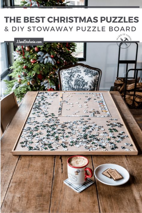 Do your puzzles on a DIY stowaway puzzle board so your table can always be clear! Plus 12 of our favorite Christmas puzzles. Puzzle Night Ideas, Puzzle Tray Diy, Diy Puzzle Board, Puzzle Night, Christmas Puzzles, Jigsaw Puzzle Table, Christmas Jigsaw Puzzles, Puzzle Table, Christmas Vignettes