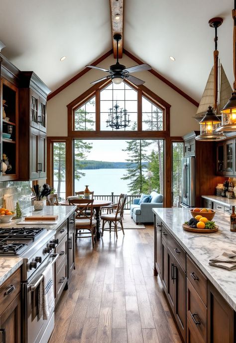 Rustic Kitchen Lake Cottage Kitchen, Rustic Kitchen Designs, England Kitchen, New England Kitchen, Rustic Kitchen Ideas, Rustic Kitchens, Rustic Bar Stools, Kitchen Setup, Rustic Lake Houses