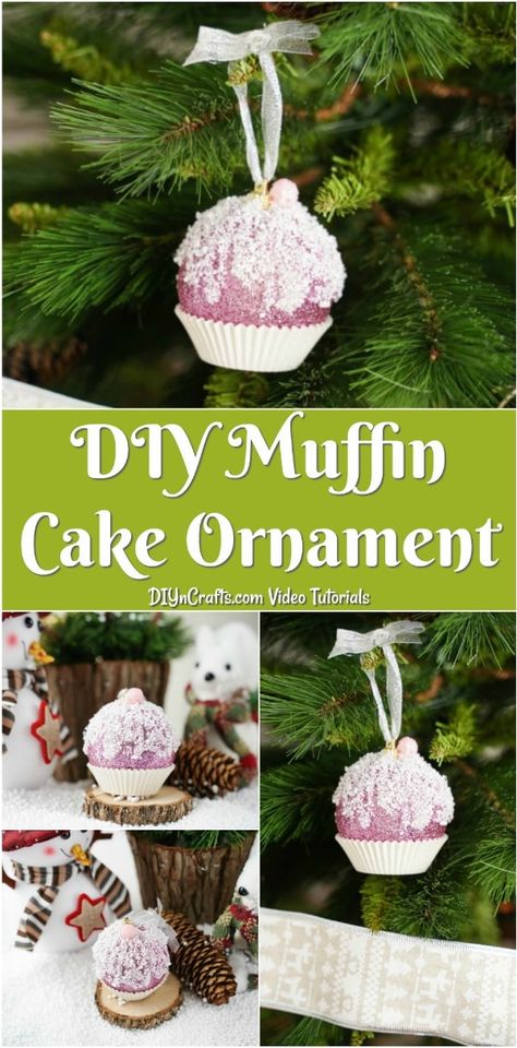 Sparkly DIY Cupcake or Muffin Ornament Craft - Make a DIY cupcake or muffin ornament craft in just a few minutes using a simple Christmas ball, glue, and some fake snow to add whimsy to your tree! #ornaments #diy #christmas #crafts Diy Cupcake Garland, Diy Food Ornaments, Hot Chocolate Ornaments Diy, Cupcake Ornaments Diy, Tree Ornaments Diy Christmas, Muffin Christmas, Cricut Noel, Tree Ornaments Diy, Disney Munchlings