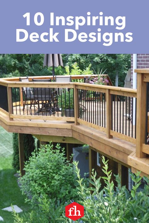 10 Inspiring Deck Designs Lakehouse Exterior Decks, Elevated Decks Ideas, Deck Shape Ideas, Wrap Around Deck Ideas Layout, Wood Deck Patio Ideas, Second Floor Deck Privacy Ideas, Two Level Deck Ideas Pool, Deck Building Plans Design, Luxury Deck Ideas