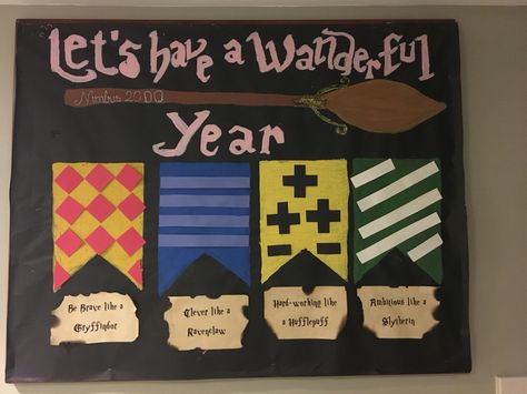 Harry Potter School Bulletin Boards, Hogwarts Bulletin Board, Harry Potter Ra Bulletin Boards, Testing Bulletin Boards, Harry Potter Bulletin Board, Harry Potter Classroom Theme, Harry Potter Classes, Inspirational Bulletin Boards, Welcome Bulletin Boards