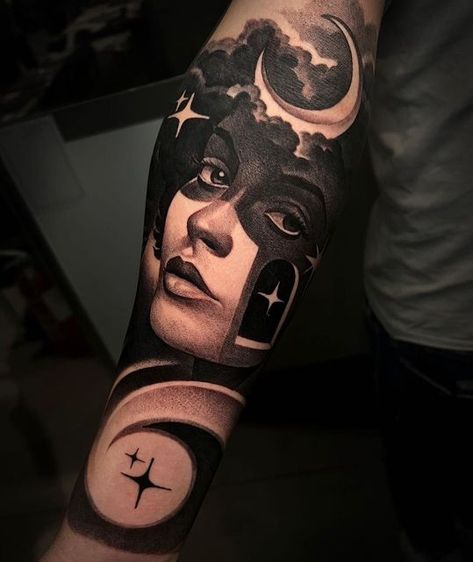 Tattoo Snob on Instagram: "Moon Lady tattoo by @vernatiziano at @cromotattoostudio in Rome, Italy" Moon Lady Tattoo, Moon Lady, Cloud Tattoo Design, Lady Tattoo, Line Tattoo Ideas, Single Line Tattoo, Full Sleeve Tattoo Design, Blackout Tattoo, Cloud Tattoo