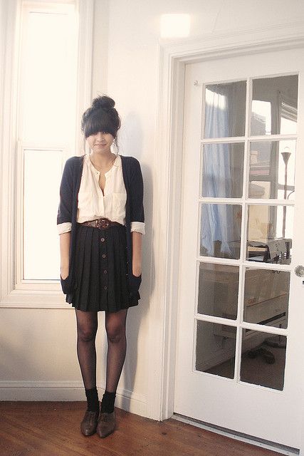 #cardigan #shirt #skirt #tights #socks #oxfords #womens #fashion #street #style #fall #black #shoes Scene Girl, Fun Outfits, Winter Inspiration, Rock Outfit, Wood Buttons, Black Stockings, Fall Clothes, Victoria Secrets, Shoe Fits