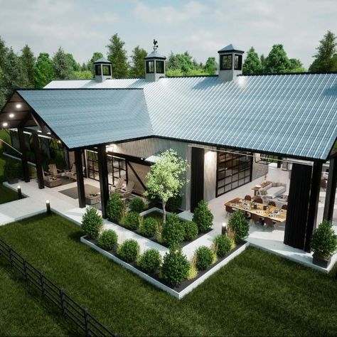 Stacee Lynn on Instagram: "The Creek House Design. This is my personal Barndo. 3 Bedrooms, 3 1/2 baths, flex space, walk in pantry, bunkroom/game room/ home theater with a morning kitchen, 3 fireplaces and 2,000 sq ft of covered porches! And for those of you wondering… Grandson is still not here. He’s taking his time. 🤣 I hope you have been Barndo Inspired." Morning Kitchen, Game Room Home, Space Walk, Flex Space, Creek House, Covered Porches, Coastal Farmhouse Decor, Steel Frame House, Courtyard House Plans