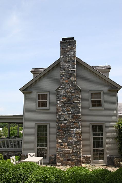 Farmhouse. Painted Chimney, Addition Exterior, House Chimney, Farmhouse Color, Chimney Design, Side Patio, Exterior Fireplace, Stone Chimney, Brick Chimney