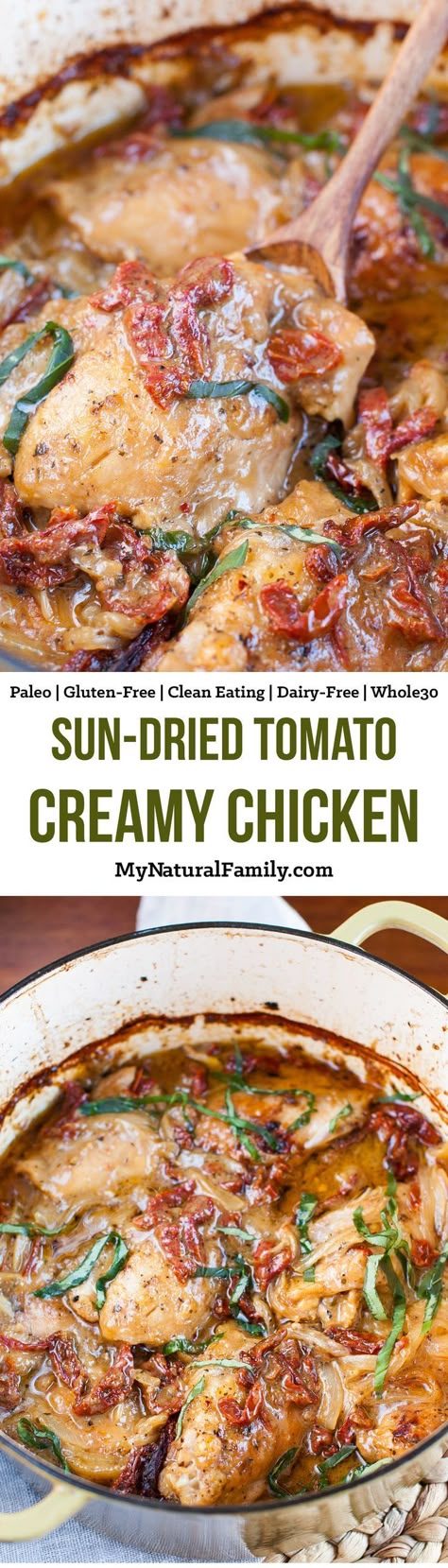 Creamy Sun-dried Tomato Chicken Recipe {Paleo, Clean Eating, Gluten Free, Dairy Free, Whole30} - can you believe that this creamy chicken with rich, sunny flavor is healthy for you? Plus, it's easy to throw together in 15 minutes and then do whatever you want while it bakes. Tomato Chicken Recipe, Meals Crockpot, Clean Eating Chicken Recipes, Eating Gluten Free, Tomato Chicken, Clean Eating Chicken, God Mat, Gluten Free Eating, Paleo Dinner