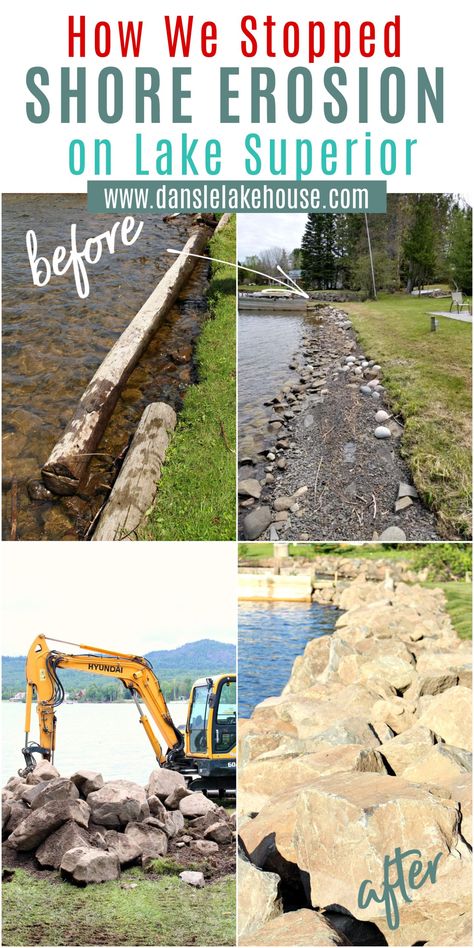 Need help with lake shore erosion control? Click through to see how we Stopped Shore Erosion on Lake Superior. I saved my shoreline with a large stone shore erosion structure. This is my advice for how to fix lakeshore erosion and how to protect your shoreline from erosion. I'll show you before and after shoreline photos so you can see how much lawn I lost due to shore erosion and how I got some of it back. Plus I'm sharing the cost! Shoreline Erosion Control, Lake Shoreline Ideas, Lake Shore Landscaping Ideas, Landscaping House, Deck Stain Colors, Blogger Home, Lake Front, Erosion Control, Staining Deck