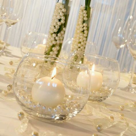 Pearl Accent Wedding Decor, White And Pearl Wedding Decor, Pearl Table Runner Wedding, Pearls Of Wisdom Party, Pearl Wedding Anniversary Decorations, Pearls And Prosecco Centerpieces, Pearl Anniversary Party Decoration, Pearl Table Runner, Pearl Centerpiece Ideas