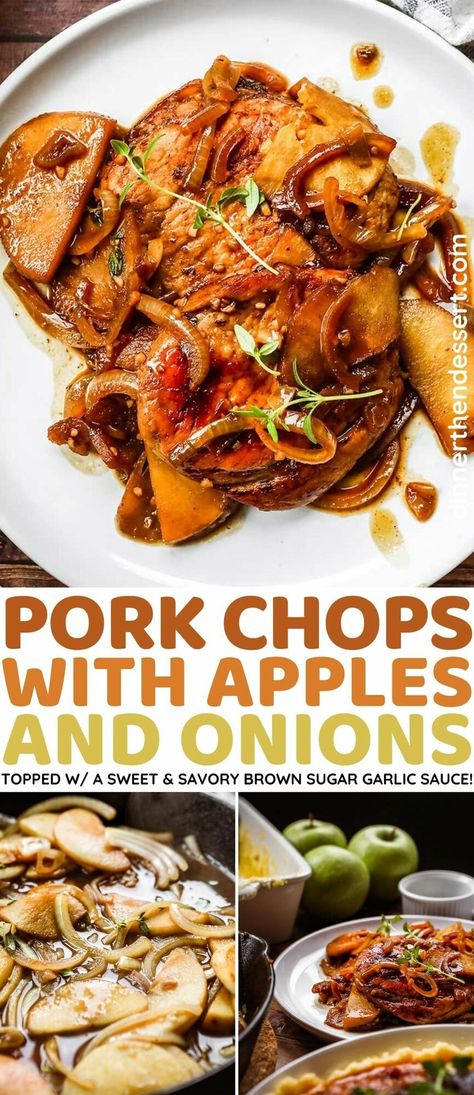 Pork Chops with Apples and Onions is a tasty easy one-pan meal with a sweet and savory brown sugar and garlic sauce. Ready in just 25 minutes! Honey Apple Pork Chops, Pork With Apples And Onions, Apple Pork Chop Recipes, Pork Ideas, Pork Chops With Apples, Apples And Onions, Pork Steak Recipe, Pork Sauce, Apple Bourbon