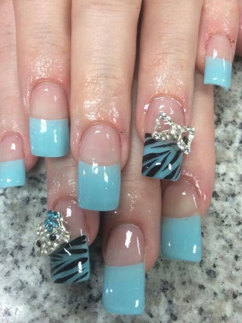 Short 2000s Nails, Y2k Junk Nails, Blue Zebra Print Nails, 2000s Nails Acrylic Y2k, Blue Nails Y2k, Zebra Print Nails Designs, Y2k Nails Blue, Blue Zebra Nails, Blue Y2k Nails