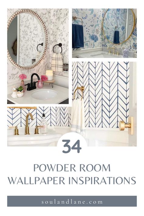 Infuse a breath of fresh style into your powder room with these wallpaper ideas. Discover chic patterns and textures that promise to elevate your walls and transform your space into a stunning oasis. Wallpaper Behind Vanity Bathroom, Coastal Powder Room Wallpaper, Powder Room Wallpaper Ideas, Powder Room Accent Wall, Small Powder Bathroom Ideas, Small Powder Room Wallpaper, White Powder Room, Powder Bathroom Ideas, Room Wallpaper Ideas